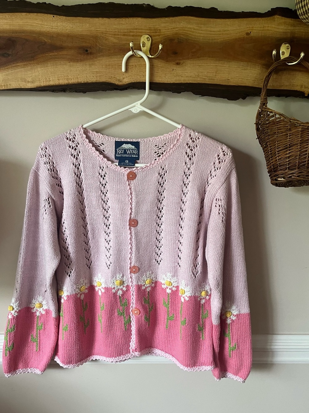 Vintage Rey Wear Cotton Floral Pink Cardigan Sweater Small S